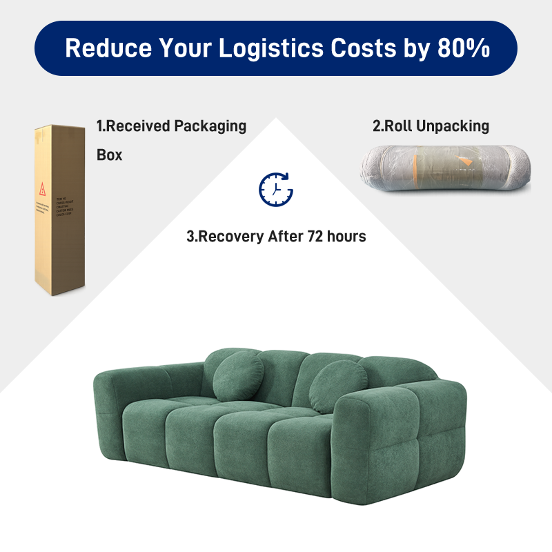 S271 Modern Italian Designer Modular Fabric Sofa Green Sectional Couch with Round Pillows Vacuum Compressed Space Saving Furniture