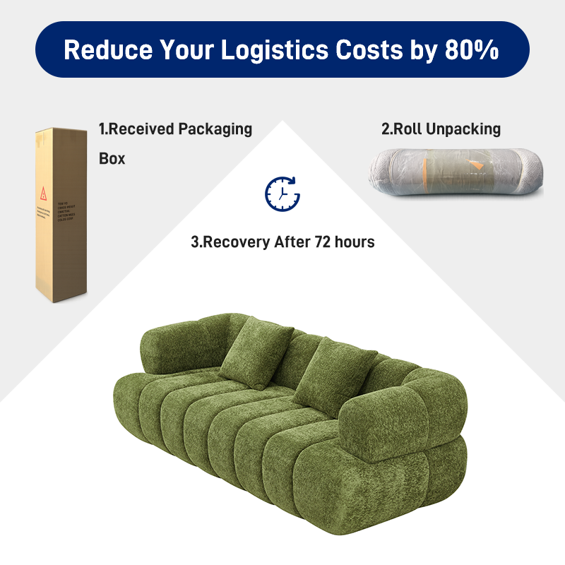 S275-3 Modern Italian Designer Modular Fabric Sofa Green Sectional Couch with Puffer Design Vacuum Compressed Space Saving Furniture
