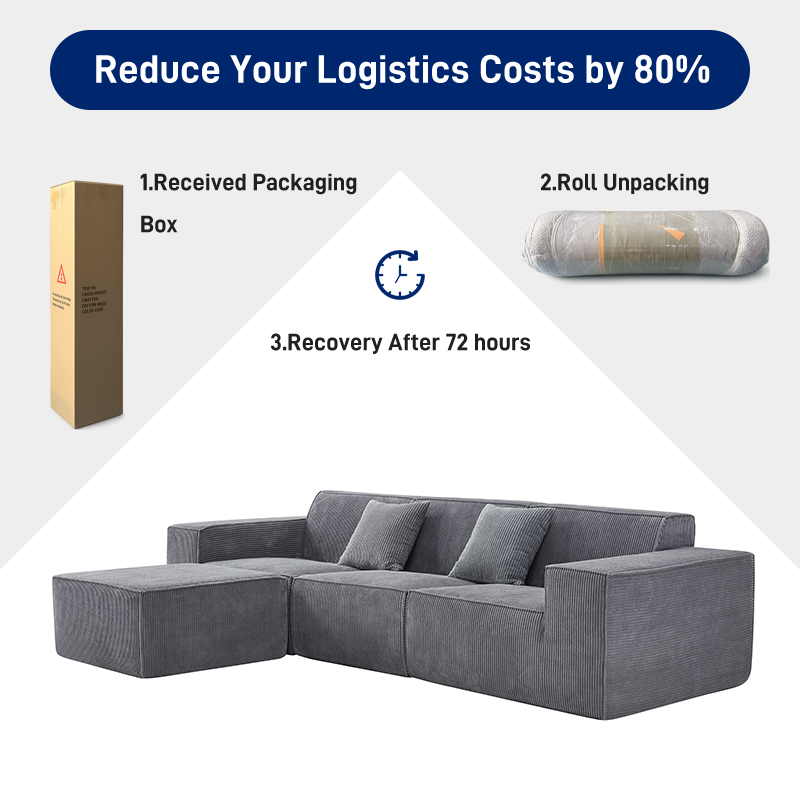 S220-3 OEM Factory Modern Corduroy Fabric Design Modular Sectional Boneless Couch Vacuum Compressed Sofa with Ottoman