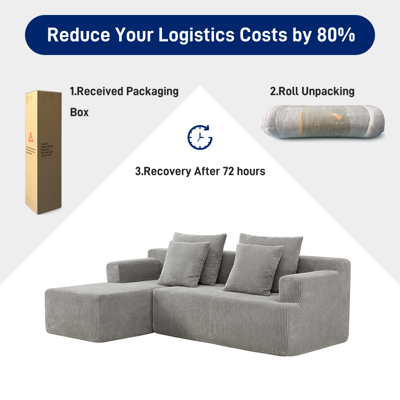 S240 OEM Factory Corduroy Fabric Foam Small Corner L Shape 3 Seater Vacuum Sofa Space Saving Compressed Sectional Sofa